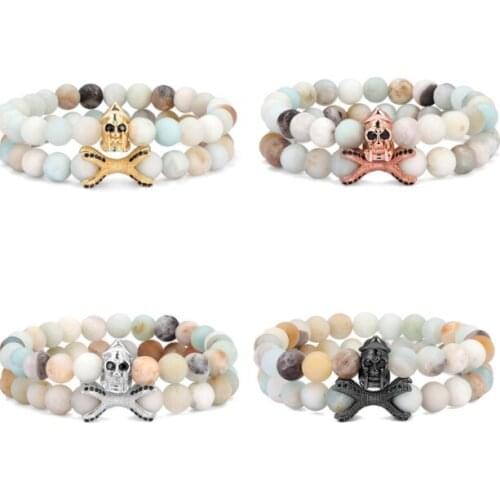 2pcs/lot 8mm warrior helmet skull gold silver copper cz zircon cubic zirconia beads bohemian Bracelet elastic Stone Bangles d3