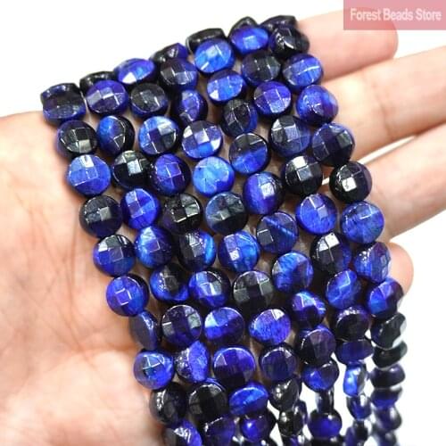 Natural Stone Faceted Blue Lapis Lazuli Tiger Eye Round Cake Shape Beads for Jewelry Making DIY Bracelet Earrings 15" Inch 8MM