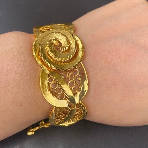 24k Trendy Gold Color Copper Mesh Shaped Bracelet Indian Bangle for Women African Jewelry Saudi Arabia Dubai Wedding Gifts