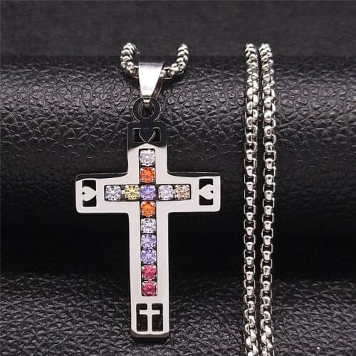 Stainless Steel Mix Color Crystal Cross Necklaces Pendants Women/Men Silver Color Christian Chain Necklaces Jewelry N4912S05
