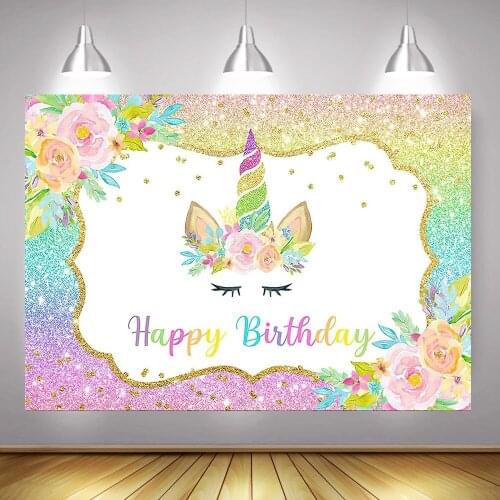 Unicorn Happy Birthday Party Backdrop Decor Rainbow Colorful Glitter Floral Unicorn Birthday Cake Table Banner Background Prop