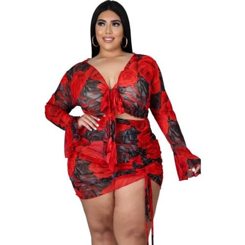 Printed Outfit Drawstring Long Sleeve Large Size Polyester Set Printing Sexy Nightclub Two-piece Suit Wholesale Drop Shipping