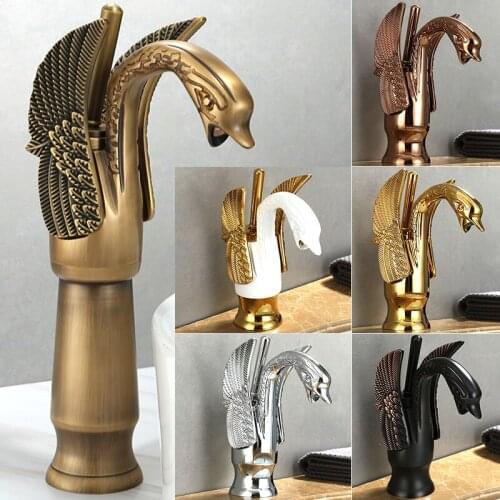 Brass Archaistic Swan Faucet Wash Basin Tap Hot and Cold Water Tap Bathroom Cabinet Faucet Gold Retro Water Mixer