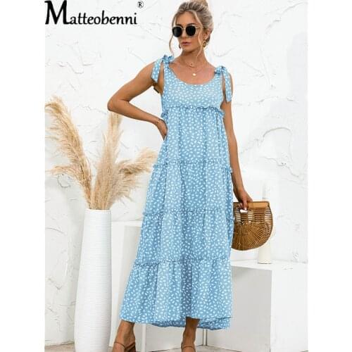 Summer Dress Women Robes Femme Boho Ruffle Stitching Sleeveless Maxi Dress For Women Sexy Lace-Up Dot Stitching Dresses Vestidos