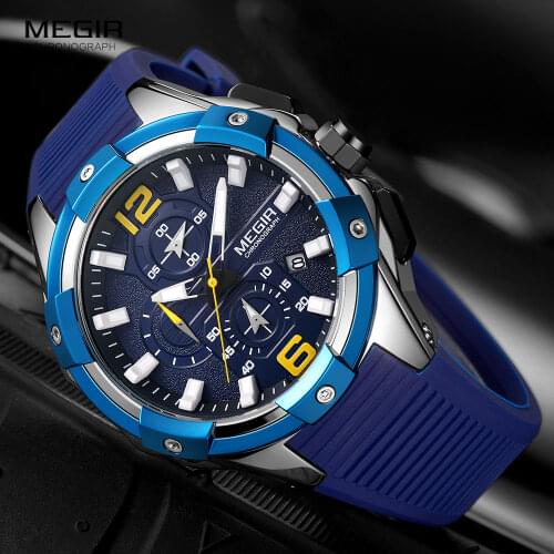 MEGIR Military Sports Watches Men 2020 Fashion Luxury Chronograph Quartz Watch Blue Silicone Strap Wristwatch Man часы мужские