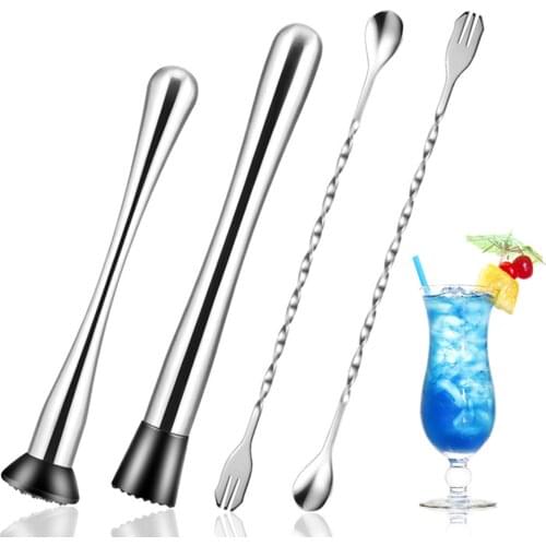 4 Pack Stainless Steel Cocktail Muddler Mixing Spoon Set Home Bartending Tools Coffee Stirrer Bar Scoops Crushed Popsicles