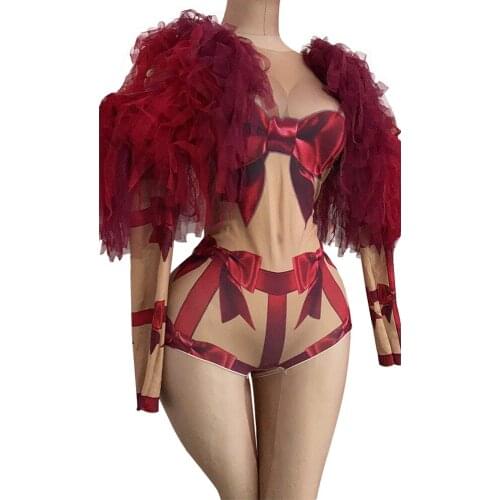 New Fashion Stage Wear Leotard Long Sleeve Mesh Bodycon Bodysuit Women Nightclub Bar Party Outfit Performance Dance Costume