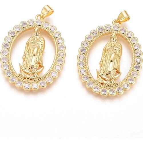 10pcs Brass Micro Pave Clear Cubic Zirconia Pendants Oval with Virgin Mary for DIY Jewelry Making Accessories 36x26.5x3mm