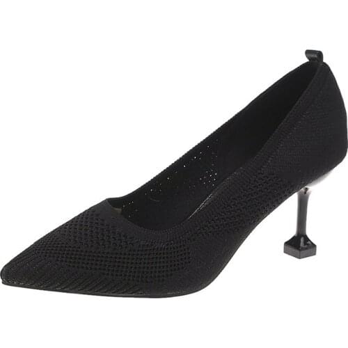 High Heels Female 2019 Autumn New The Wild Shallow Mouth Womens Shoes Work Pointed Stiletto Knitted Womens Shoes