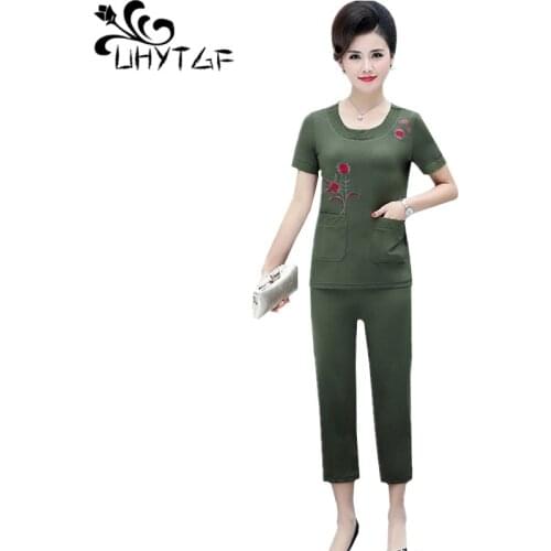 UHYTGF two piece set women O neck pullover top+ pants summer 2 piece sets elegant mom loose 5XL plus size clothes for women 1028