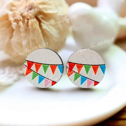 Unique 3D Triangle Embossed 16mm Round Coloured Drawing pattern Laser Cut wood Cabochon DIY for Rings, Earring,Brooch,Necklace