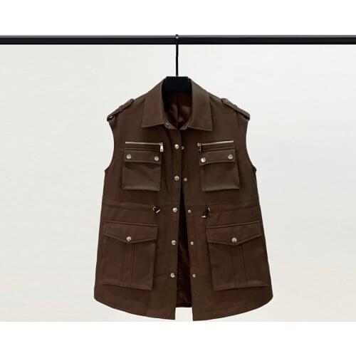 Spring New Style Leather Waistcoat Womens Mid-length Drawstring Waistcoat Casual Sheepskin Sleeveless Leather Jacket