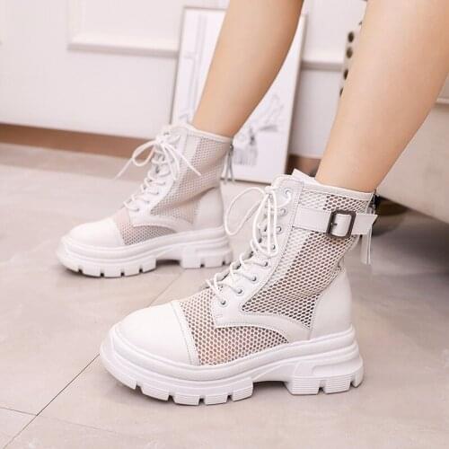 2021 womens platform black mesh summer ankle boots round toe zipper lace up platform shoes womens shoes