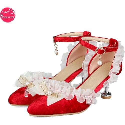 Pearl Pointed Toe Sandals Women Shoes Boho Party High Heel Summer Girls Sandalias Elegant Corduroy Lolita Bow Lace Edge Red