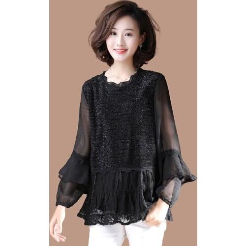 Women Spring Autumn Style Loose Lace Blouses Shirts Lady Casual Long Sleeve Mesh Patchwork O-Neck Blusas Tops DF3050