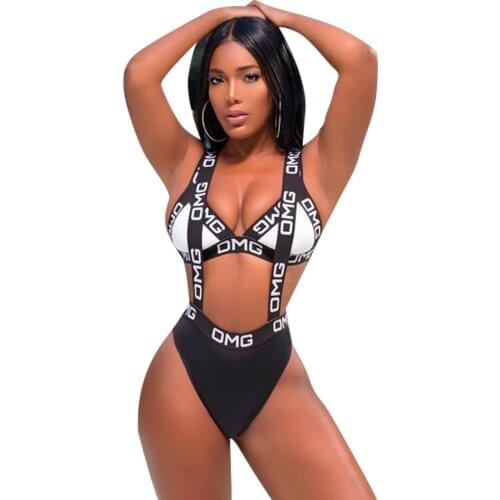 Hollow out summer overalls 2018 letter print bandage rompers women jumpsuit boho sexy skinny bodysuits LD8110