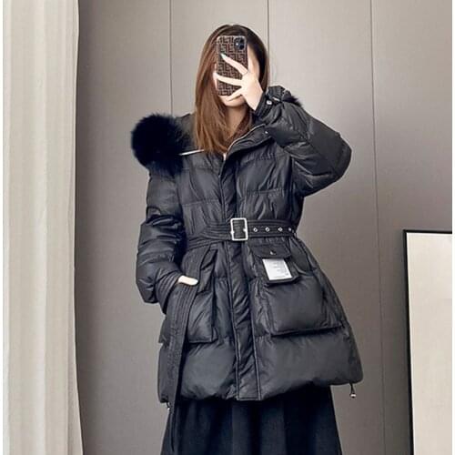 Women White Duck Down Coat 2021 New Winter Female Glossy Warm Puffer Jackets Natural Real Fox Fur Collar Hooded Ladies Outwear