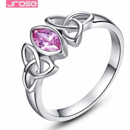 Brand JROSE Engagement Marquise Cut CelticKnot Design Pink CZ Jewelry White Gold Color Ring For Women Size 6 7 8 9 10 Gifts
