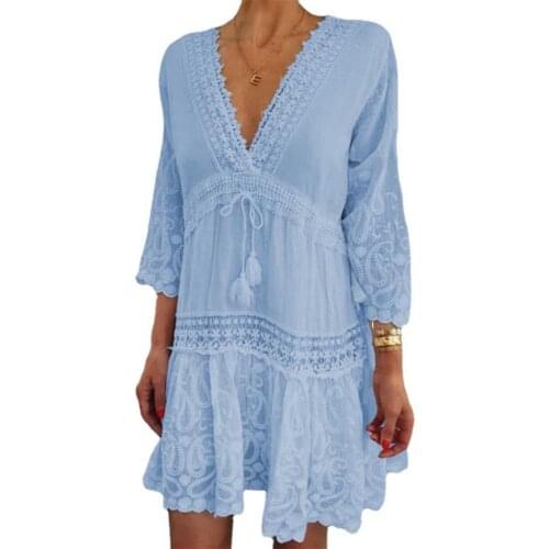 Women Dress Lace Dress Fashion Floral Print Crochet Patchwork Summer 3/4 Sleeve V Neck Lace-up Women Dress Holiday Beachwear