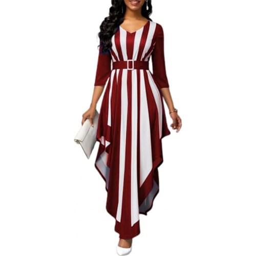 Formal Dress Women Summer 2021 Stripe Print V Neck Elegant 3/4 Sleeve Irregular Hem Dress for Wedding party dress Vestido