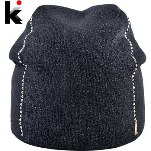 Winter Beanie Women Knitted Wool Hats Female Fashion Skullies Beanies With Rhinestones Solid Color Warm Knit Bonnet Ladies Cap
