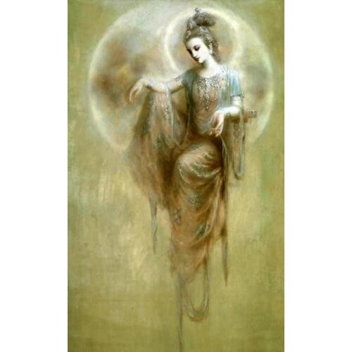 100%Handmade Oil painting Dunhuang fairy Kwan-yin Avalokitesvara seated on moon canvas 36"