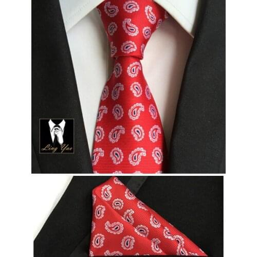 8cm Men Formal Neck Ties Set with Handkerchief for Bridegroom Wedding Red with Classic Paisley