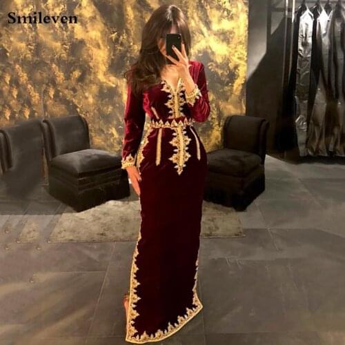 Smileven Morocco Caftan Evening Dresses V Neck Mermaid Prom Dress Velvet Long Sleeve Formal Evening Party Dress
