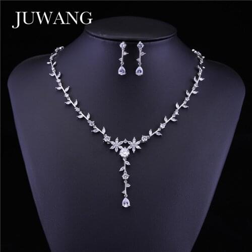 JUWANG Brand Clear Flower Crystal Jewelry Set for Woman Cubic Zirconia Women Jewelry Sets Earring Necklace Set Dress Accessories