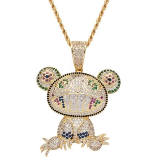 Rhinestone Men Necklace Ice Out Cubic Zircon Hip Hop Multi-Color Frog Pendant Gold Silver ColorCharm Chain Jewelry