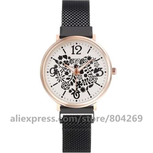 Fashion New Flower Love Heart Women Ladies Dress Quartz Watches Alloy Mesh Magnetic Band Leisure Casual Watch CCQ
