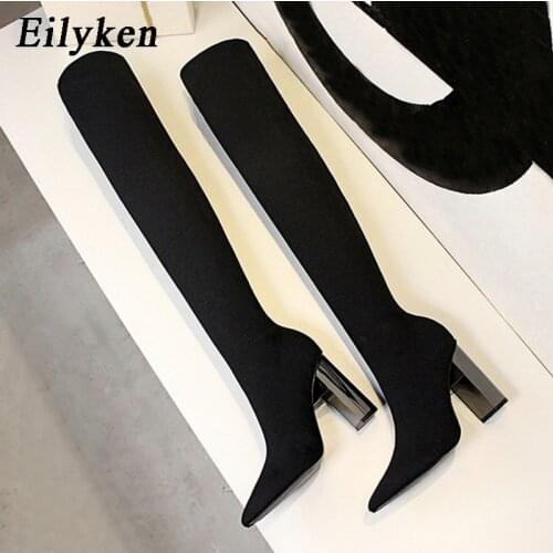 Eilyken 2021 New Over The Knee Boots Women knitting Stretch Fabric Sock Booties Sexy Pointed Toe Metal Square Heels Shoes Female