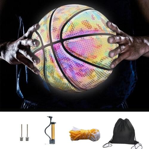Holographic Reflective Basketball Ball Sports Wear-Resistant Luminous Night Glowing Child Basketball Ball With Net Needle Pump