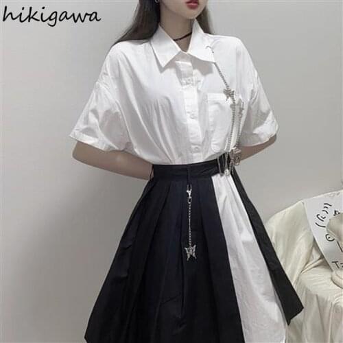 Hikigawa Korean Chic 2 Piece Set Women Harajuku Streetwear Suit White Shirt Dress Slim Fit Pleated Mini Skirts Femme Roupas