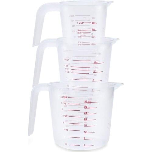 HLZS-3pc Plastic Measuring Jug Set Large 4 Cup, 2 Cup and 1 Cup Capacity BPA Free Measuring Beakers with Angled Grip Essential K