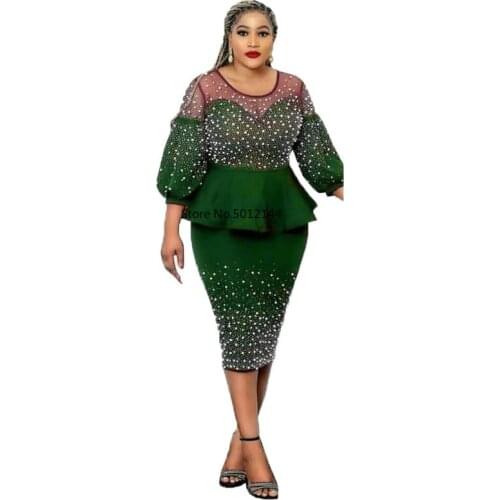 2021 Summer 2 Piece Set Dashiki Diamonds Bodycon Dress African Clothes for Women African Clothing Fashion Robe Africaine Femme