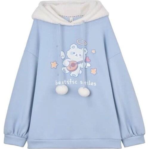 Kawaii Hoodies Winter Fashion 2020 Cute Pullover Women Long Sleeve Print Sweatshirt Loose Plus Velvet Hoodies Women