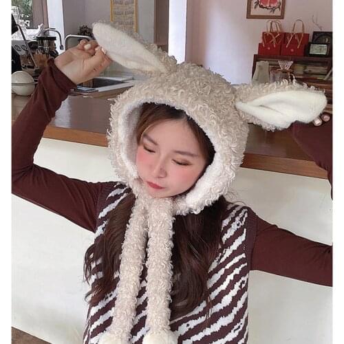 2020 New Rabbit Hat Cashmere Bomber Hats Women Cute Rabbit Ear Warm Hat Autumn Winter Ear Protection Cap Imitation Rabbit Hair