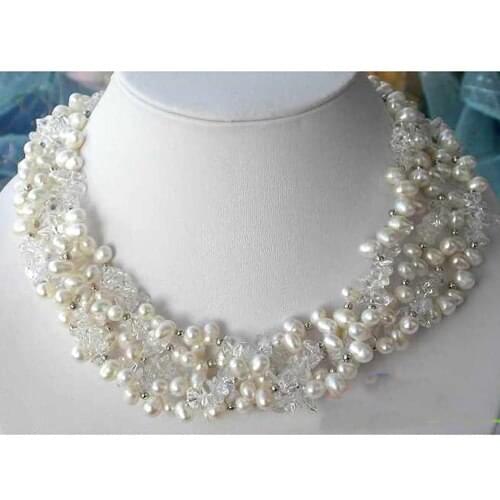 Charming Real Pearl Jewellery,5Rows White Crystal,Rice Freshwater Pearl Necklace,Handmade ,Perfect Women Wedding Gift