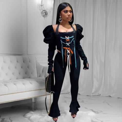 OMILKA Casual Tracksuits Women 2020 Autumn Pile Sleeve Square Neck Lace Up Crop Top and Long Ruffle Pant Set Sportswear Outfits