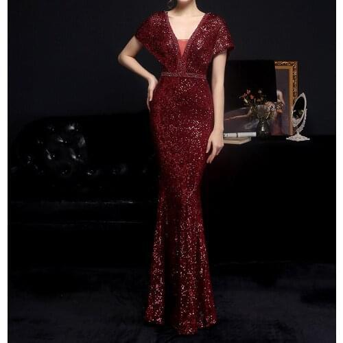 Plaid Bead Banquet Elegant Formal Evening Dresses Women Sexy V Neck Sequins Annual Meeting Host Car Model Vesdido Wedding Robe