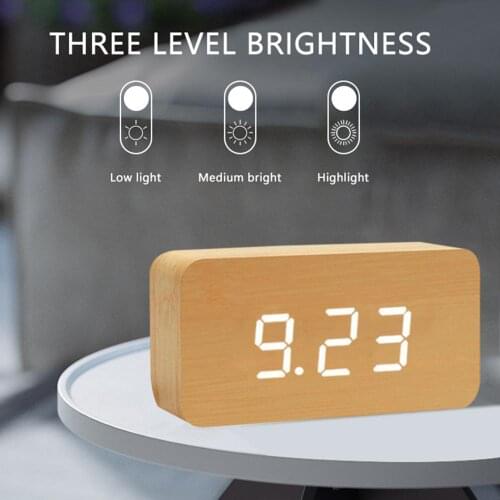 Rectangular Wooden LED Display Alarm Clock Desk Stand Clock USB Electric Wood Clock with Voice Control and Temperature Display