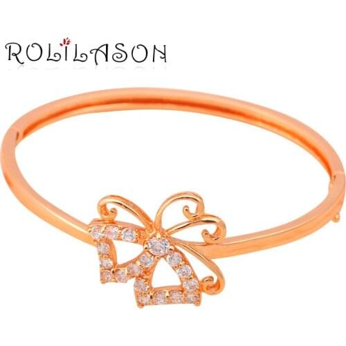 ROLILASON romantic Butterfly bowknot shaped Crystal white Zircon fashion jewelry Rose Gold Tone Bangles TB201