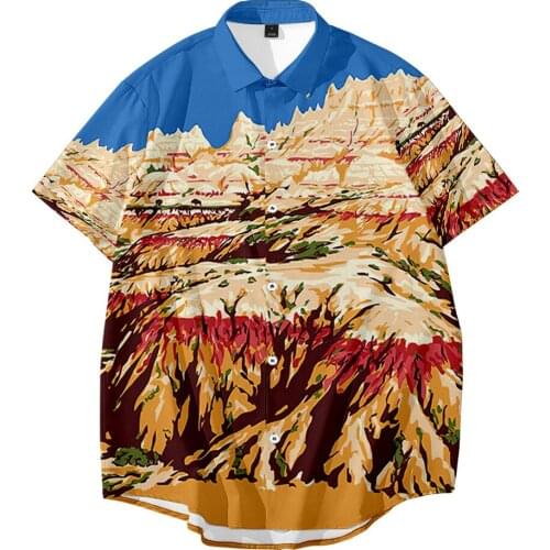 Natural Mountain Peak Printed Casual Men Vintage Loose Beach Shirt Summer New Hawaiian Short Sleeve Shirt Oversize 6XL