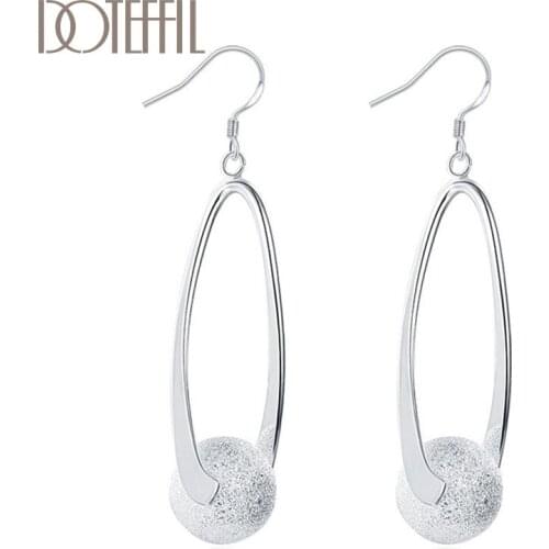 DOTEFFIL 925 Sterling Silver Circle Hoop Frosted Beads Earrings Charm For Women Lady Fashion Wedding Engagement Party Jewelry