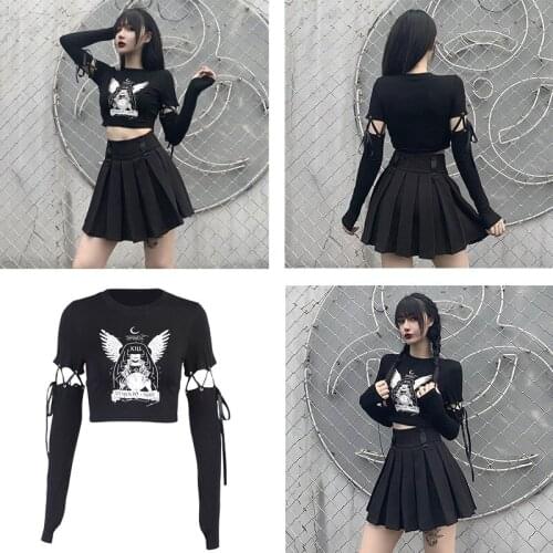 2021 new dark girl street style top gothic slim cropped short black graphic T-shirt fashion printing stitching long sleeves