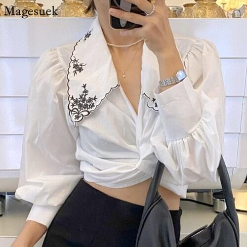 Vintage Embroidered White Blouse Women Chic Sexy Cross Crop Tops Women Clothes Turn-down Collar Lantern Sleeve Woman Shirt 16955