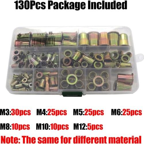 130pcs stainless Steel aluminum Steel Rivets Nuts Set Flat Head Threaded Insert Nutsert Cap Nut for Rivet Nut Gun Riveter Tool