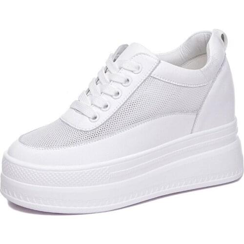 9cm platform heel wedge shoes sneakers pumps white platform air mesh hollow pumps shoes summer women zapatos de mujer