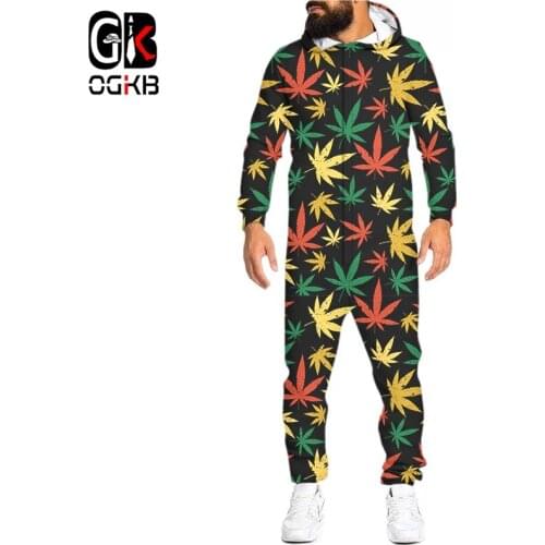 OGKB New Funny Colored Leaves 3D All Over Printed Overalls Hoodies Zipper Cosplay Jumpsuits Winter Streetwear Unisex Clothing